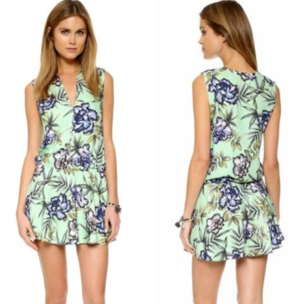 Alice + Olivia Brooke Oasis Mint Floral Mini Dress Green Blue Palm Sz 4